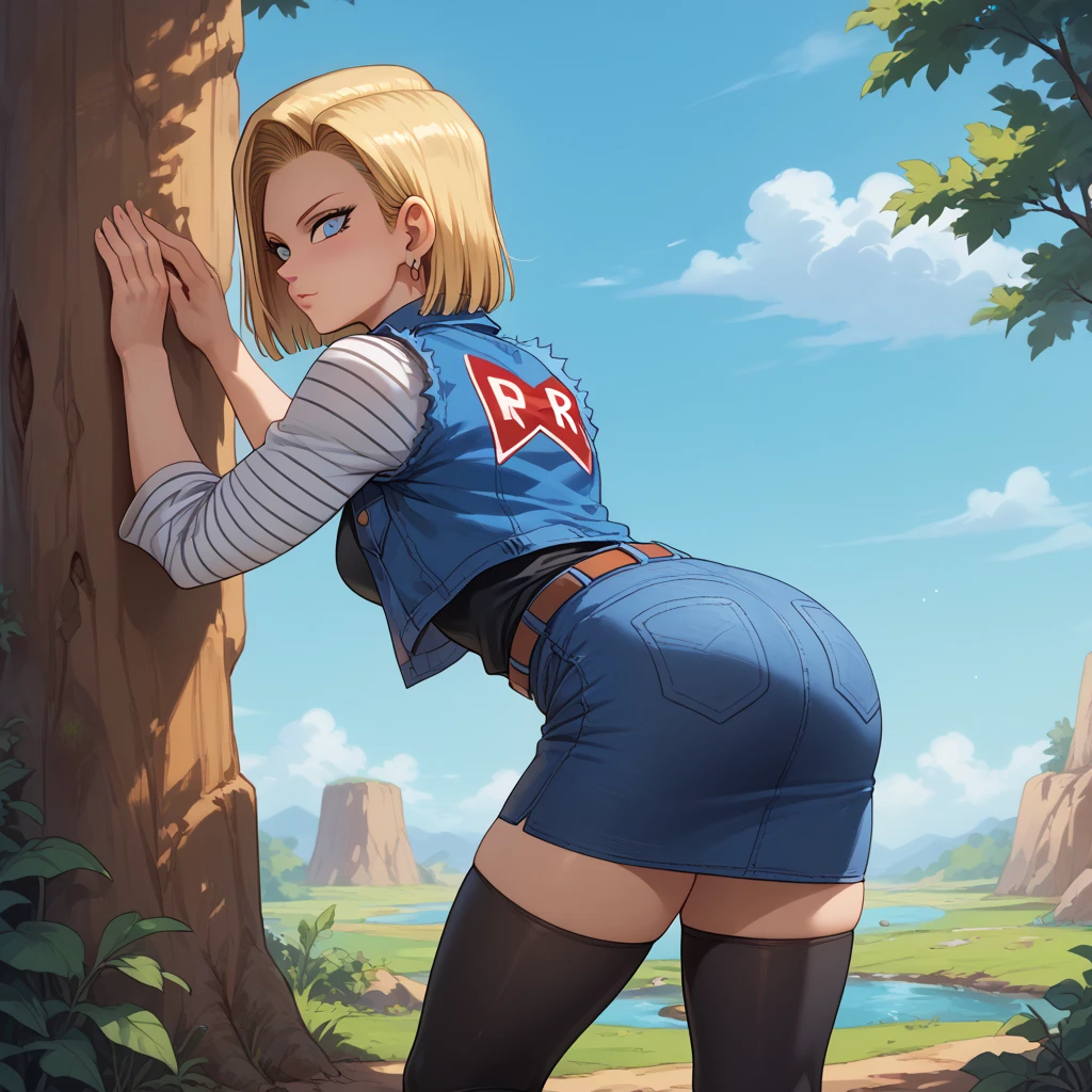 High Definition, 8k, detailed face, big ass, grabbing his ass, showing her ass, crouched, Android 18 de dragonball z, deep blue eyes, ((custome Supergirl)), (big breasts)), thin and thin, Body of equal proportions, ((focus on her ass)), back view, four fingers and 1 thumb, For the blue, Beautiful smile, smiling at the viewer, blushing cheeks,