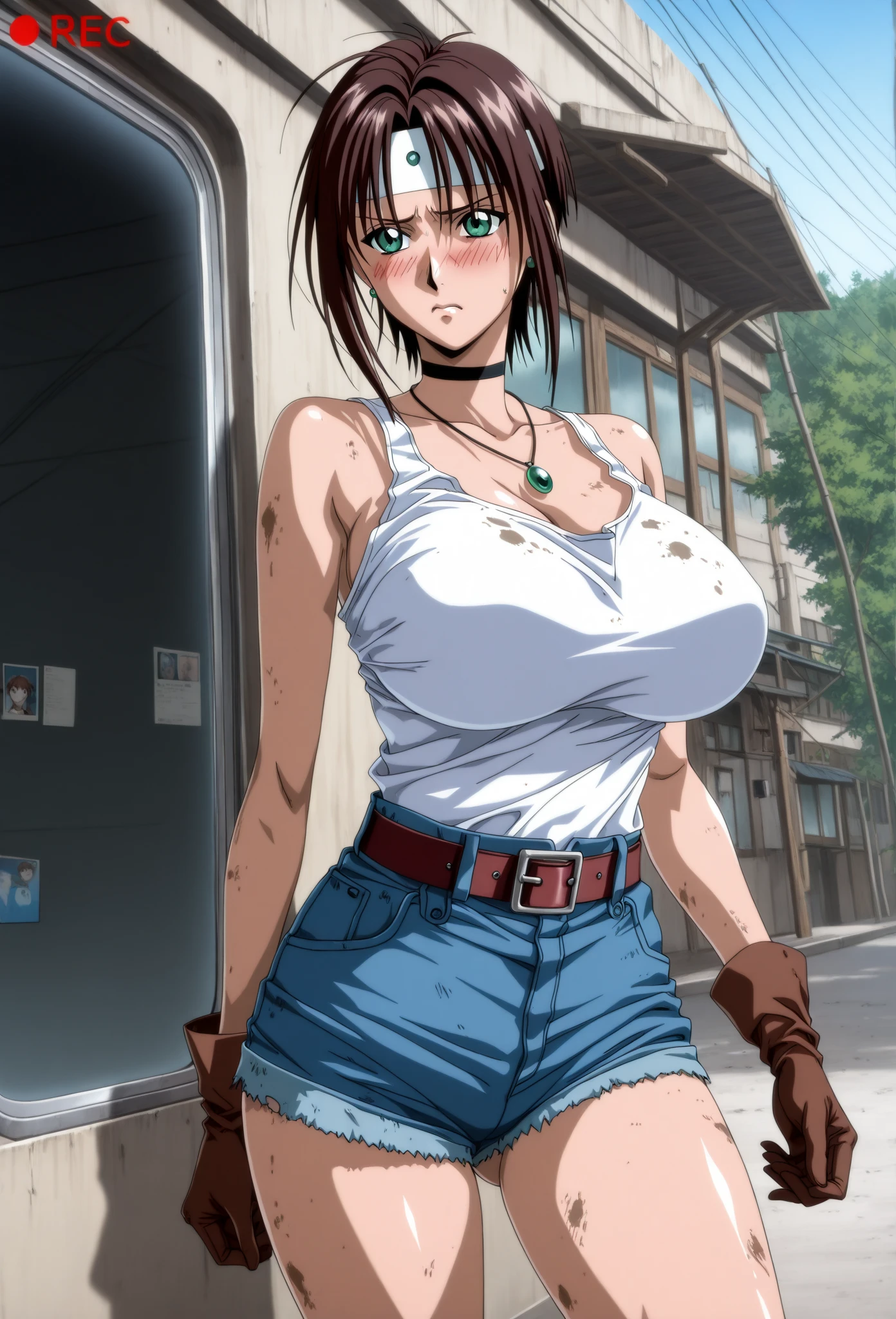 score_9, score_8_up, score_7_up, rating_explicit, masterpiece, best quality,high quality,highres,very aesthetic, absurdres, high detailed,optimal lightning,4k,8k wallpaper, source_anime, uncensored,official art, official style, megami magazine,BREAK,1girl,Revy,medium breasts, long hair, brown hair, brown eyes, ponytail,black crop top, short shorts, denim, blue shorts,unamused,confused,disappointed,embarrassed,standing handjob,,BREAK,1boy,nude,penis,BREAK,(couple sitting),