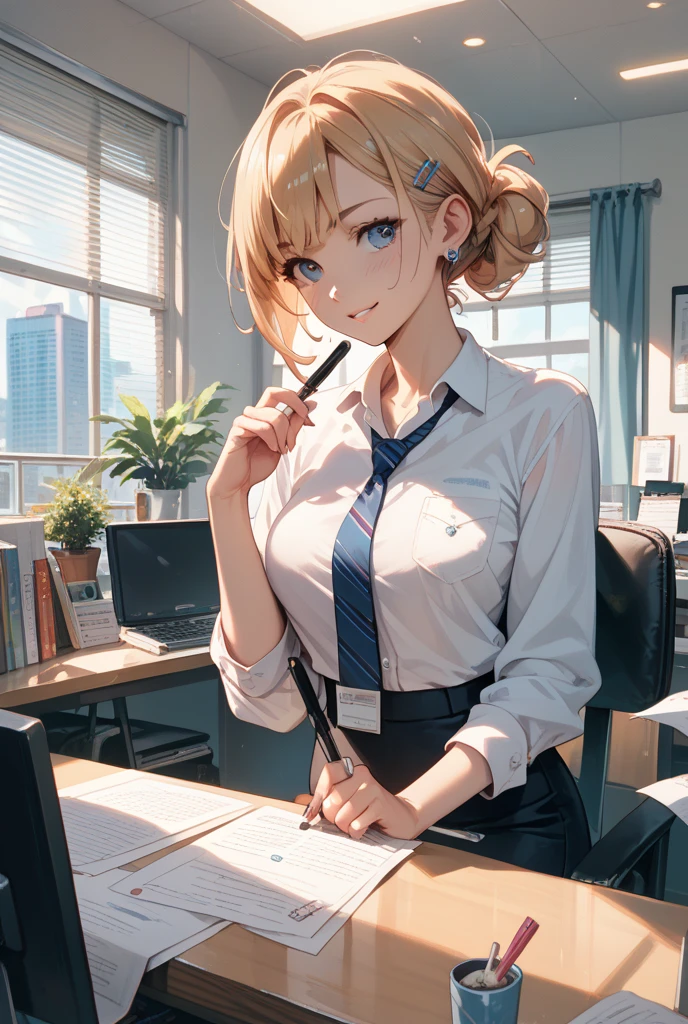 A woman wearing a white office t-shirt, wearing a tie around your neck, uma saia preta, meias longas femininas, seios grandes, cabelo loiro longo, olhos azuis, in an office in a large building, com tabelas, computadores, a window overlooking several buildings, lugar brilhante, efeito de desfoque de fundo, HDR, ultra resolution, bem definido, obra de arte, 8k HD.
