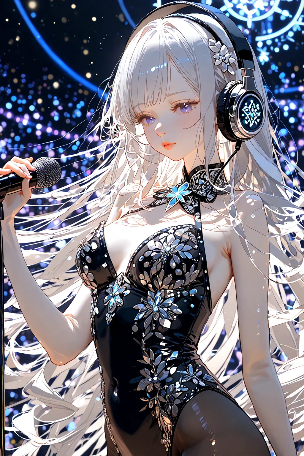 (best quality,4k,8k,highres,masterpiece:1.2),ultra-detailed,(realistic,photorealistic,photo-realistic:1.37),single girl, idol, white hair, long hair, cute, detailed eyes, detailed lips, slim figure, youthful appearance, confident expression, standing in front of the stage, pink electric guitar, black mini skirt, revealing top, ample bosom, spotlight, vibrant colors.