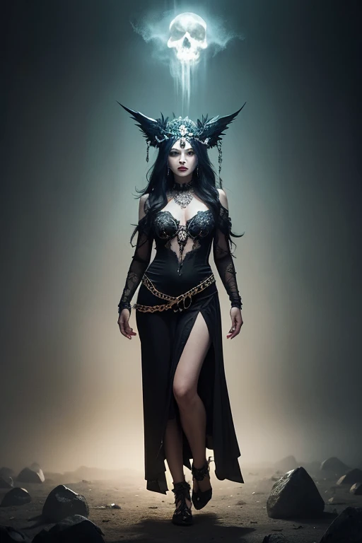 A beautiful tanned woman standing tall and confident with pronounced overwhelming gothic toned facial features and deep red lips, wearing a large gothic ornate headdress that resembles spiraled ram's horns. They wear oversized, elaborate goggles that look like they are made of colorful, translucent crystals, reflecting the nebulous scene of colors. Her body is full of beautiful Irezumi tattoos. The woman is dressed in dark, gothic attire giving them an overwhelming gothic look. The background is nebulous psychedelic chaotic scenery of vibrant colors in a Renaissance setting
