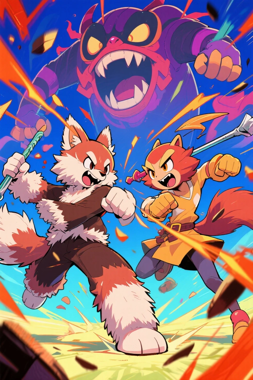 amocin, amocinstyle, amocinart, fire, animal ears, weapon over shoulder, sunset, furry with furry, watermark, all fours, hand up, gradient background, leash, cleavage, short sleeves, furry male, closed eyes, grey background