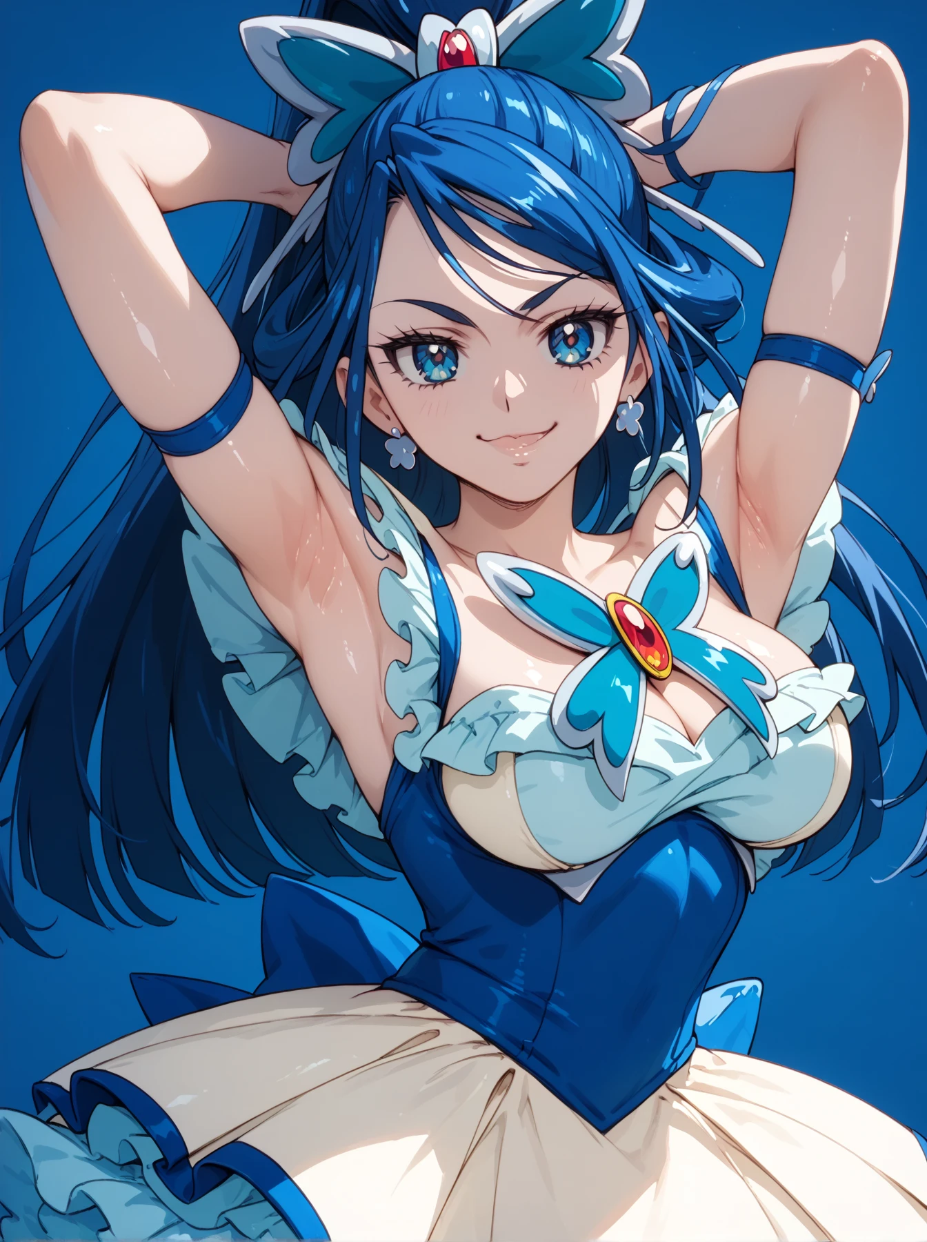 1girl, smile, close up, castel, blue hair,  pectoral focus,frown,flower trim,undressing,pinstripe pattern.bow-shaped hair,dutch angle,hands between legs,