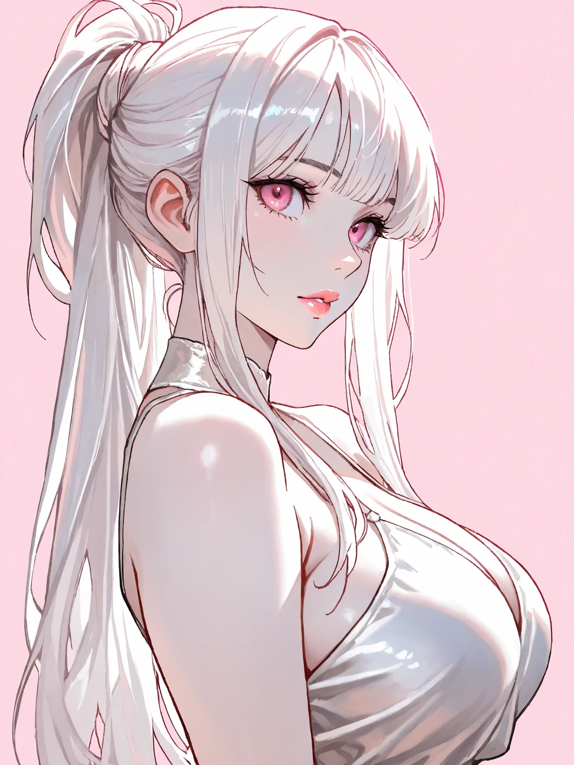White hair, blue eyes, angel, white dress, large chest, big lips, round face, charming, gentle, Blick zum Betrachter, bare shoulders, sweet girl, Ero404, (Meisterwerk, high quality)