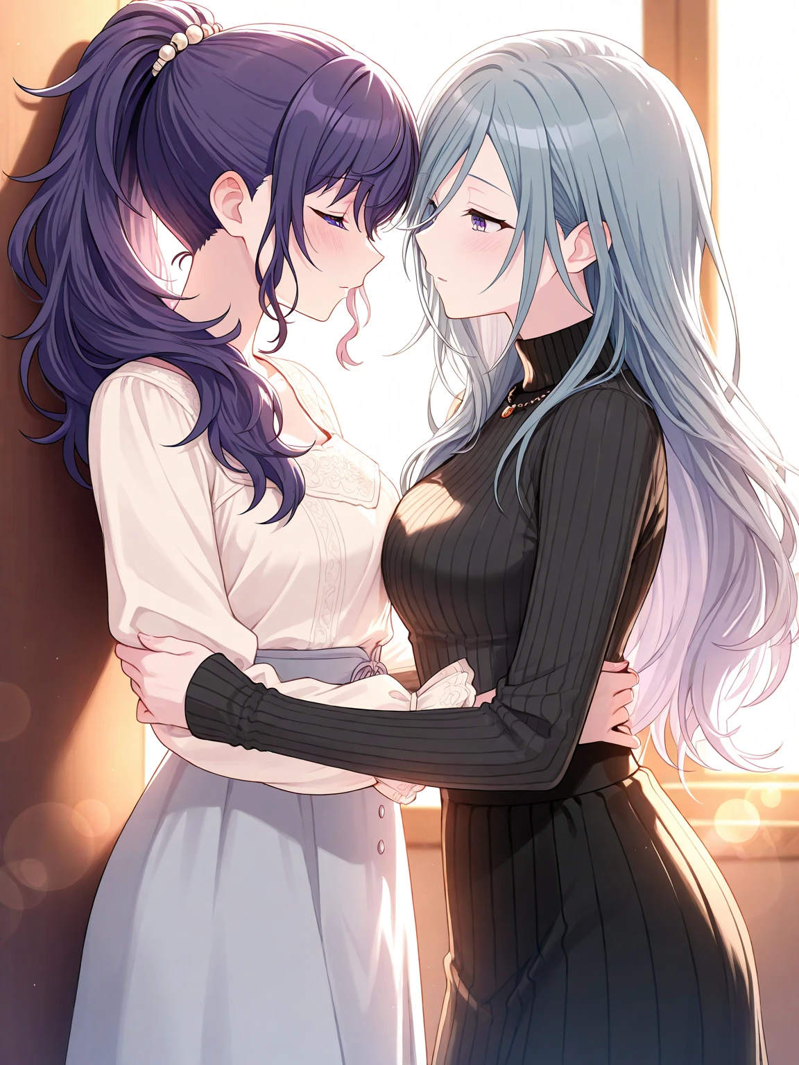 1girl, off-shoulder sweater, couple. A man with short, black hair, tall, arrogant. blue eyes, black t-shirt and black pants. A girl, red t-shirt, long hair, white hair, blue eyes. they are kissing.
