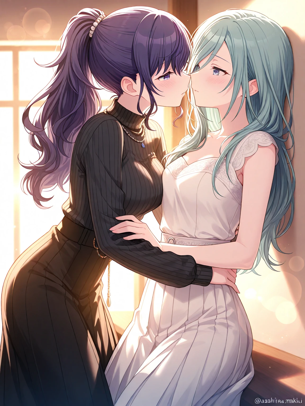 Two women passionately making out with each other, one woman's back pinned to the wall, they're very desperate, lustful, dim lighting, sexy and seductive