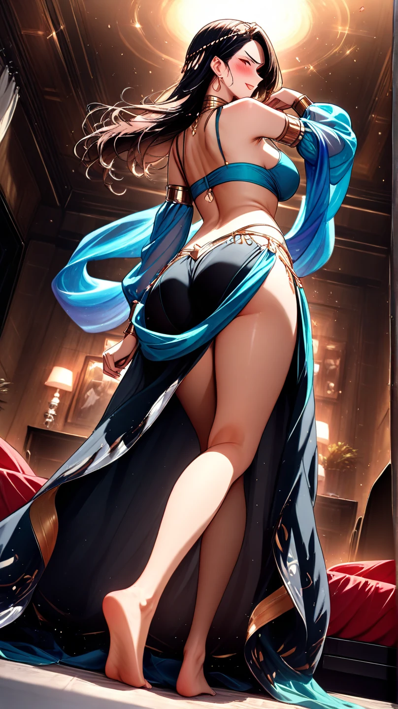 masterpiece, best quality, beautiful art, high resolution, well formed hands, body and fingers, 1 woman, solo, Hahari Hanazono, big breasted, cleavage full body, hair ornament, gorgeous legs and thighs, wearing a Mata Hari outfit, sexy arabian belly dancer, sexy and skimpy arabian belly dancer attire, dancing seductively and erotically, turning backwards and forwards , showing her back and front, showing her butt, t back, smiling joyfully, looking at the viewer, flirting, beach environment , biting her lips