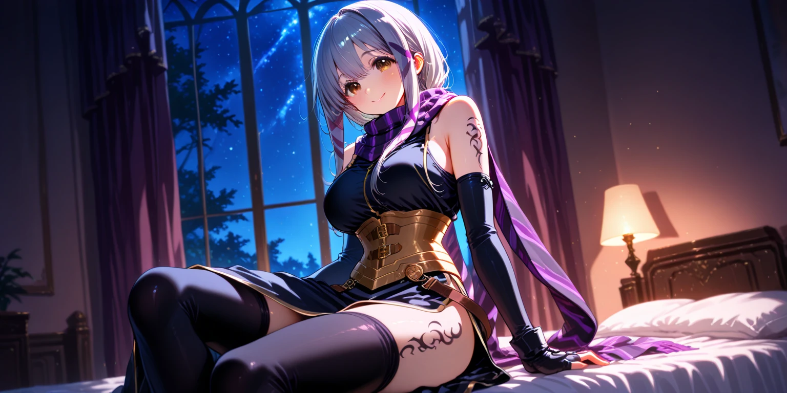 A girl, Keqing , Genshin Impact, blushing face , Purple panty, Porte-jartelle violet, bas violet, purple lace stockings, No Bra , hide boobs with hands (Best quality:1.1), (Masterpiece:1.4), 1fille, (cheveux volumineux)+ , ((cheveux longs))++, cheveux longs , (Yeux violet) , (big lips)+, peau brillante, brillant, starry night,