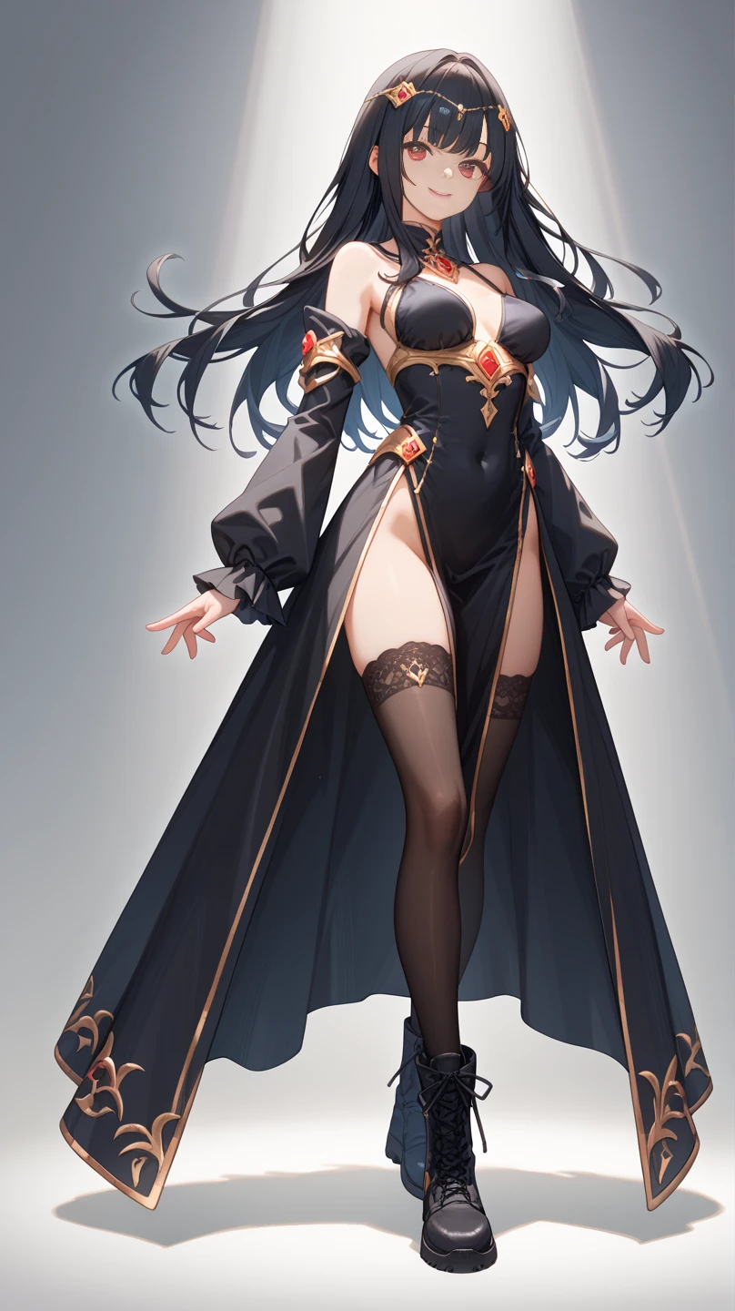 (Reference sheet: 1.2), masterpiece, best quality, super detail, anatomically correct, textured skin, UHD, (full body: 1.2), simple background, 1 beautiful girl, long hair, stockings, long legs, high heels