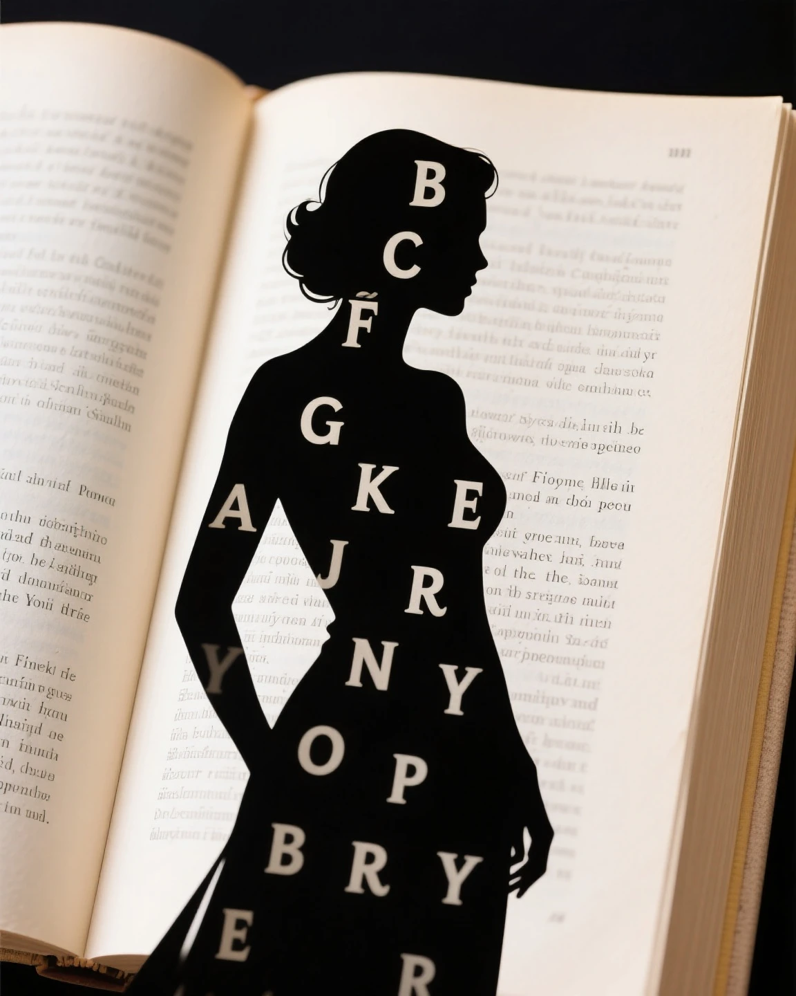 A woman's silhouette is formed from the letters of a poetry book. The woman is dressed elegantly but sensually. The image speaks to us about the beauty that poetry expresses through its words, letters, and pages.