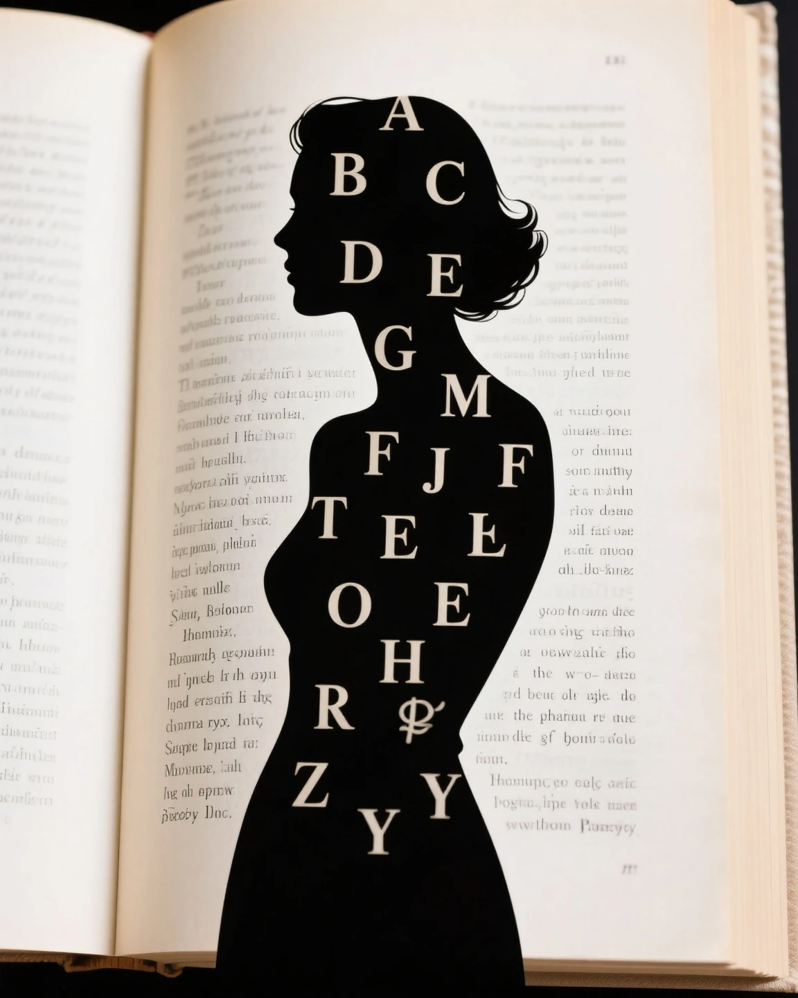 A woman's silhouette is formed from the letters of a poetry book. The woman is dressed elegantly but sensually. The image speaks to us about the beauty that poetry expresses through its words, letters, and pages.