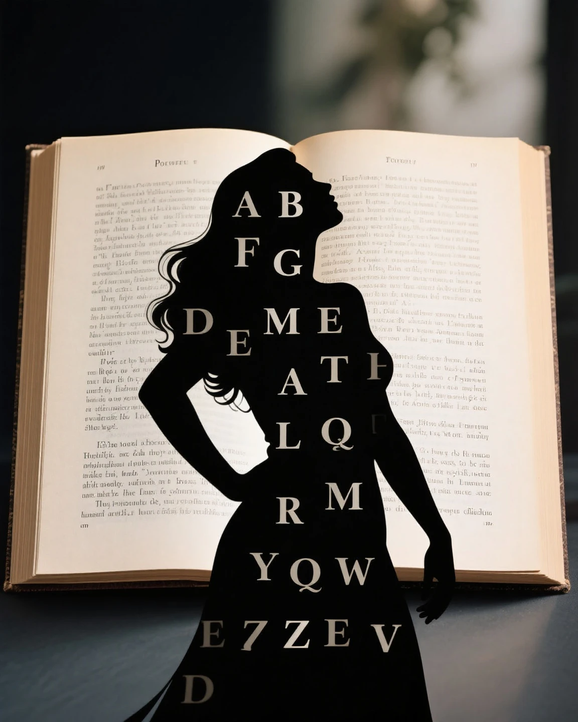 A woman's silhouette is formed from the letters of a poetry book. The woman is dressed elegantly but sensually. The image speaks to us about the beauty that poetry expresses through its words, letters, and pages.