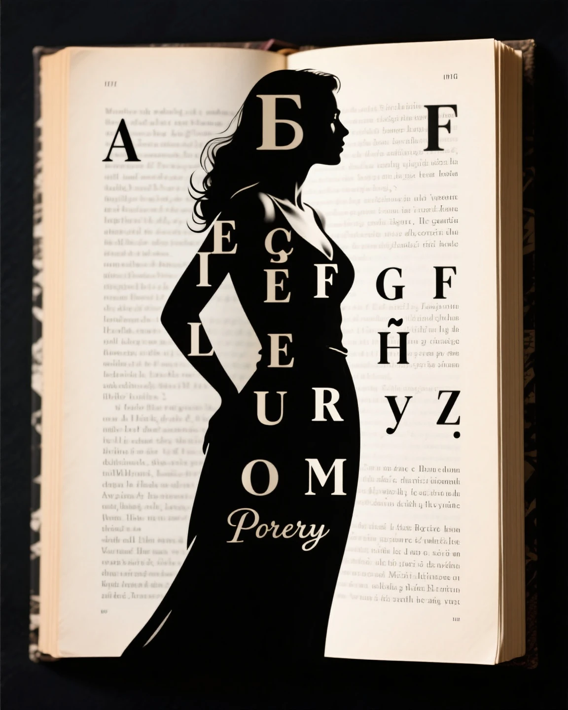 A woman's silhouette is formed from the letters of a poetry book. The woman is dressed elegantly but sensually. The image speaks to us about the beauty that poetry expresses through its words, letters, and pages.