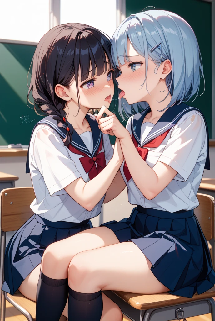 (Cute eyes:1.2), (classroom:1.2),(Beautiful Eyes:1.2), Highest quality,wonderful,finely,Highly detailed CG Unity 8k wallpaper, (Hug from behind:1.5),(Put your hand in the skirt:1.5),(sexual harassment:1.2),(Love juice:1.3),(kiss:1.3),(Two people with height difference:1.5), (Two Girls, Sailor suit, Skinny body, Dressed), (Huge breasts), (Open your mouth:1.1),(White knee socks:1.3),(Thighs:1.3),(Waistline:1.2),(お揃いのSailor suit:1.2),(From behind:1.2),(Beautiful eyes:1.2),(Different hairstyle),(They both have different eye colors:1.5),(They both have different skin colors:1.5),(Thighsまで隠れるニーソックス:1.2),(Very short skirt:1.3),(Arms don't stick together:1.2)