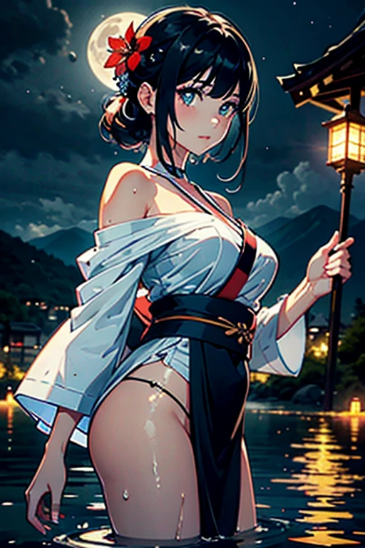 cyberpunk, 1girl, breasts, moon, lantern, night, solo, large breasts, hair ornament, kimono, japanese clothes, hair flower, flower, outdoors, sky, full moon, rain, black hair, off shoulder, holding, sash, bare shoulders, paper lantern, standing, white kimono, night sky, sideboob, obi, wet clothes, bangs, tree, from side, reflection, short hair, cloudy sky, wet hair (((masterpiece),(extremely detailed CG unity 8k wallpaper),best quality,,solo,1girl,cinematic lighting,detailed background,beautiful detailed eyes,bright pupils, (an extremely delicate and beautiful),(Beautiful and detailed eye description), ultra-detailed,masterpiece,)),