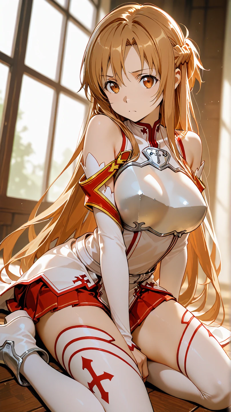 yuuki asuna, kizukiai, brown hair, brown eyes, medium breasts, long hair, Asuna, 1girl, blush, masterpiece, best quality, ultra-detailed, ray tracing, perfect lighting, 1girl, hot, sexy, sexy body, nsfw, showing her boobs, open legs, no panties, perfect anatomy, detailed image, natural skin texture, sexy body, perfect pussy, open pussy, thinner waist, wide hips, thick thighs, delicate eyes, detailed eyes, better lighting.
