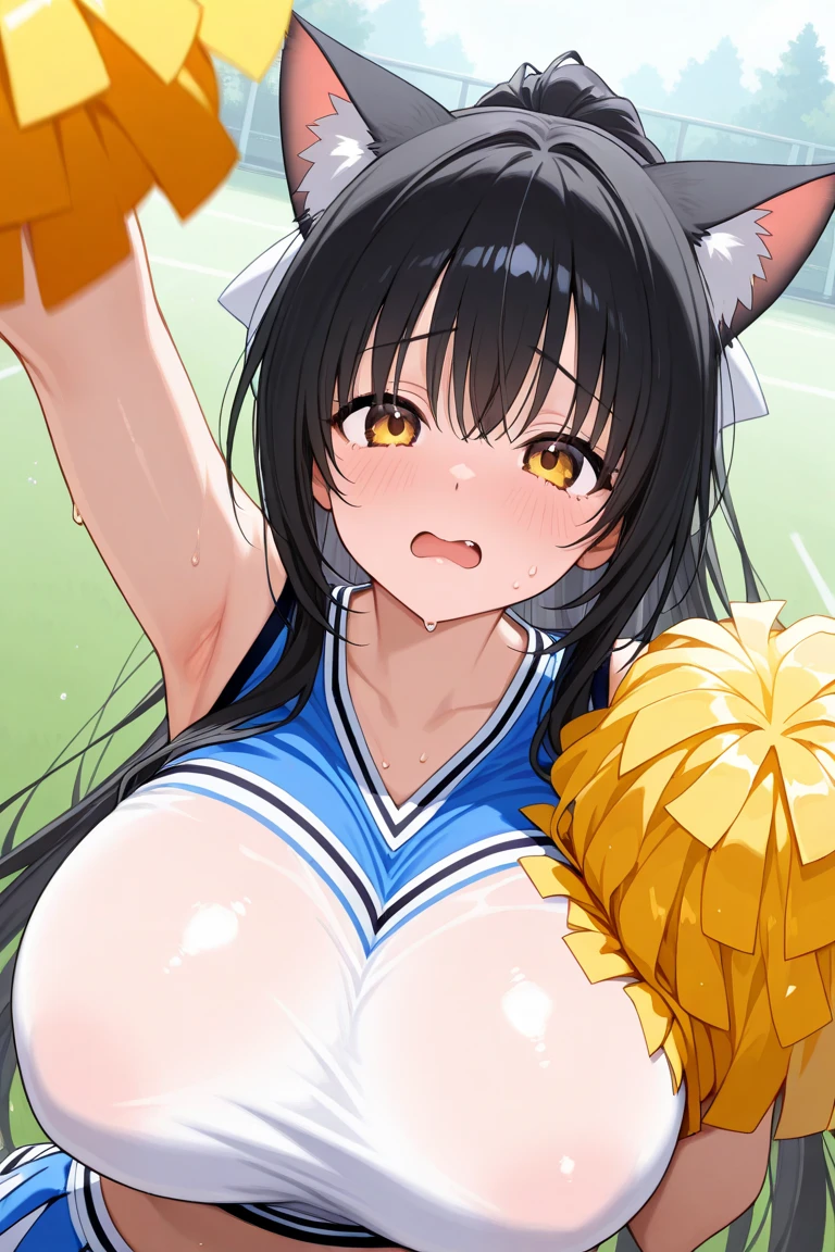 rating:explicit, breasts, penis, 1girl, thighhighs, cheerleader, long_hair, 1boy, skirt, vaginal, white_legwear, arm_up, sex, large_breasts, uncensored, pussy, pom_poms, smile, white_skirt, bangs, cowgirl_position, girl_on_top, blush, hetero, blue_eyes, pleated_skirt, hairband, navel, armpits, underboob, solo_focus, crop_top, sleeveless, black_hair, miniskirt, eyebrows_visible_through_hair, closed_mouth, straddling, hair_between_eyes, looking_at_viewer, bare_shoulders, no_bra, no_panties, white_shirt, shirt ,nipples,nude
