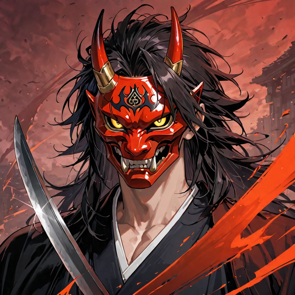 (((Male, 1Boy))), A highly detailed digital painting of an ominous looking Japanese man wearing a menacing red oni demon mask with sharp fangs and horns. He has piercings in his eyebrows, nose and ears. He has long, jet black hair tied up in a topknot hairstyle. His piercing eyes are dark and intense, staring directly at the viewer from behind the mask. He is wearing a black kimono with intricate red dragon designs on the sleeves and collar. The background is dark with strong contrasting light creating dramatic shadows across his face and body. The image is hyper realistic and extremely detailed in 4K resolution, cinematic lighting, HDR tone mapping, sharp focus, and ray traced reflections on the mask. The colors are vibrant and saturated with deep blacks and bright highlights. Overall, the image has an intense, creepy and ominous atmosphere with the Japanese oni mask being the main focus in the foreground, snake eyes, red snake eyes, red eyes.