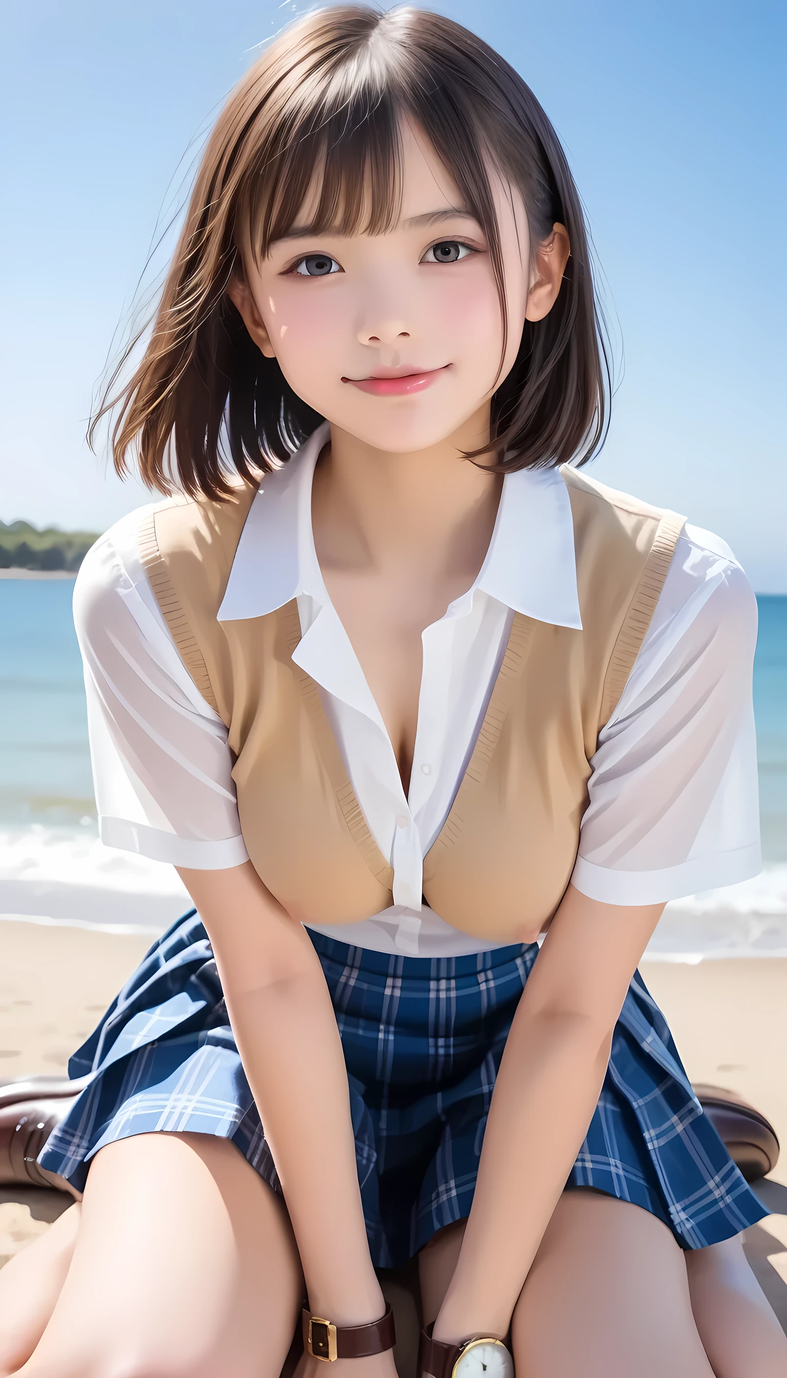 score_9,score_8_up,score_7_up,Super Detail,absolute resolution, 32K,masterpiece,Highest Quality,,details, beautiful、 nsfw, Highest Quality、 masterpiece、 ultra high resolution 、( glossy lips on the beach 、blue sky、Midsummer、Cumulonimbus)、 (realistic:1.4)、 RAW photos 、 perfect anatomy, very detailed skin、 physics-based rendering、 Two female middle school students in the same uniform stand side by side 、very short plaid micro mini skirt middle school uniform 、 The shirt is unbuttoned 、(( very large breasts:1.55))、( The length of the miniskirt is 10 cm short, So white panties are exposed )、( white Sheer transparent panties ), ( face)、 short hair、 light brown hair、Small round face 、(Moles on the face)、(Chest bruises)、笑face、 opens his mouth 、 dripping from a distance , Rose Tail、(very slender legs)、 loafers、( Slender, beautiful legs visible all the way to the feet)、(The face of an average middle school student)、 full body shot , Watch Viewers、(( Adorable Baby Face :1.3))、