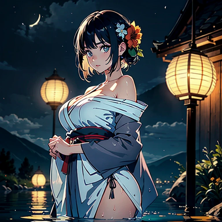1girl, breasts, moon, lantern, night, solo, large breasts, hair ornament, wet, kimono, japanese clothes, wading, water, hair flower, flower, outdoors, sky, full moon, rain, black hair, off shoulder, mountain, cloud, holding, sash, bare shoulders, paper lantern, standing, white kimono, night sky, sideboob, obi, wet clothes, bangs, tree, from side, reflection, short hair, cloudy sky, wet hair (((masterpiece),(extremely detailed CG unity 8k wallpaper),best quality,,solo,1girl,cinematic lighting,detailed background,beautiful detailed eyes,bright pupils, (an extremely delicate and beautiful),(Beautiful and detailed eye description)， ultra-detailed,masterpiece,)), --auto