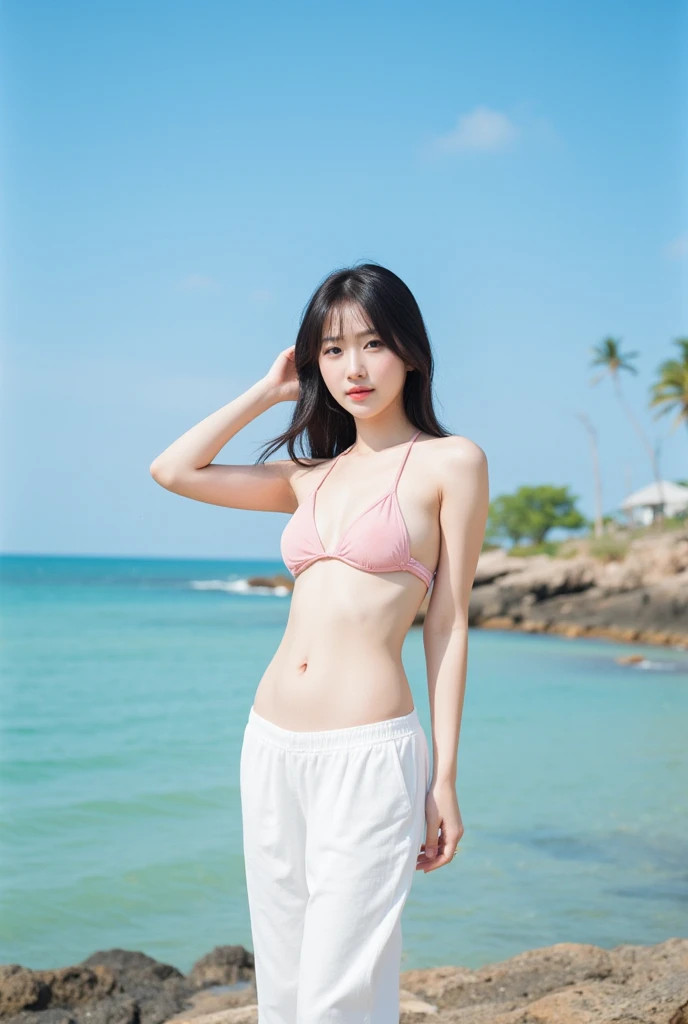 ((1girl)), in topless bikini, instant camera flash, pose at Summer festival, makeup with glossy lip, small breasts, bracelet, (girl in beach concert:1.4), various angle, ((face focus)), 22 years old, Beautiful Japanese Girl, standing pose, (nsfw:1.4), realistic light, realistic skin tone, Crowd, full of people