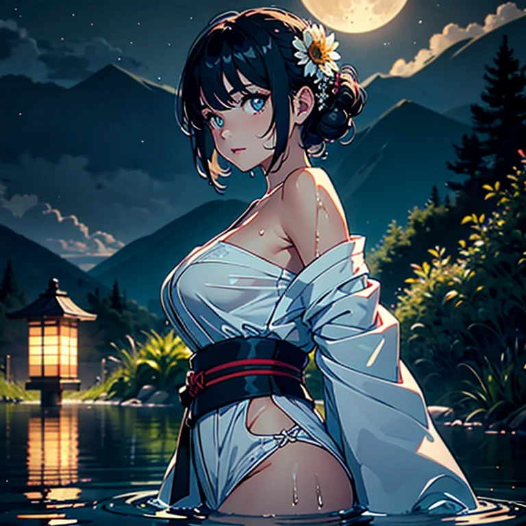 there is woman that is in onsen,(((A MILF: 1.4))), (Curvy:1.35),(((Dark skin))),Curvy physique,, Thick body,((big nipple)),((Completely naked)), (((The breasts overflow from yukata))),((Transparent yukata)),(open legs),((pubic hair)), high-end onsen, Onsen, sakimichan, model in Japan,((Sexual suggestiveness)),