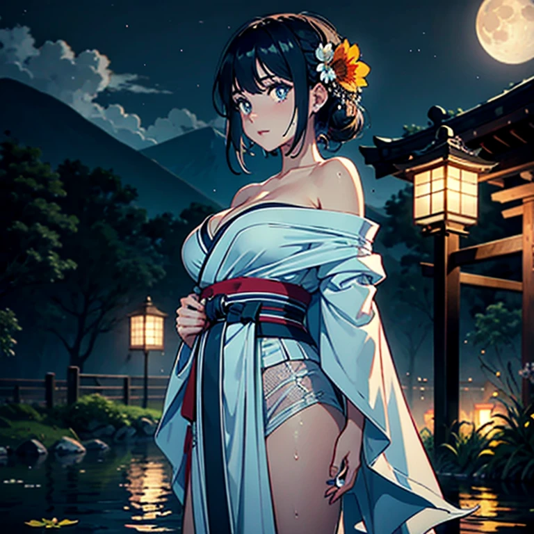 1girl, breasts, moon, lantern, night, solo, large breasts, hair ornament, wet, kimono, japanese clothes, wading, water, hair flower, flower, outdoors, sky, full moon, rain, black hair, off shoulder, mountain, cloud, holding, sash, bare shoulders, paper lantern, standing, white kimono, night sky, sideboob, obi, wet clothes, bangs, tree, from side, reflection, short hair, cloudy sky, wet hair (((masterpiece),(extremely detailed CG unity 8k wallpaper),best quality,,solo,1girl,cinematic lighting,detailed background,beautiful detailed eyes,bright pupils, (an extremely delicate and beautiful),(Beautiful and detailed eye description), ultra-detailed,masterpiece,)),