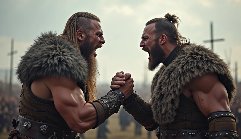 A strong blond lethwei master in his 30s with short blond hair and beard, taught a strong young white man , a snowy landscape with a Russian Orthodox cross in the background