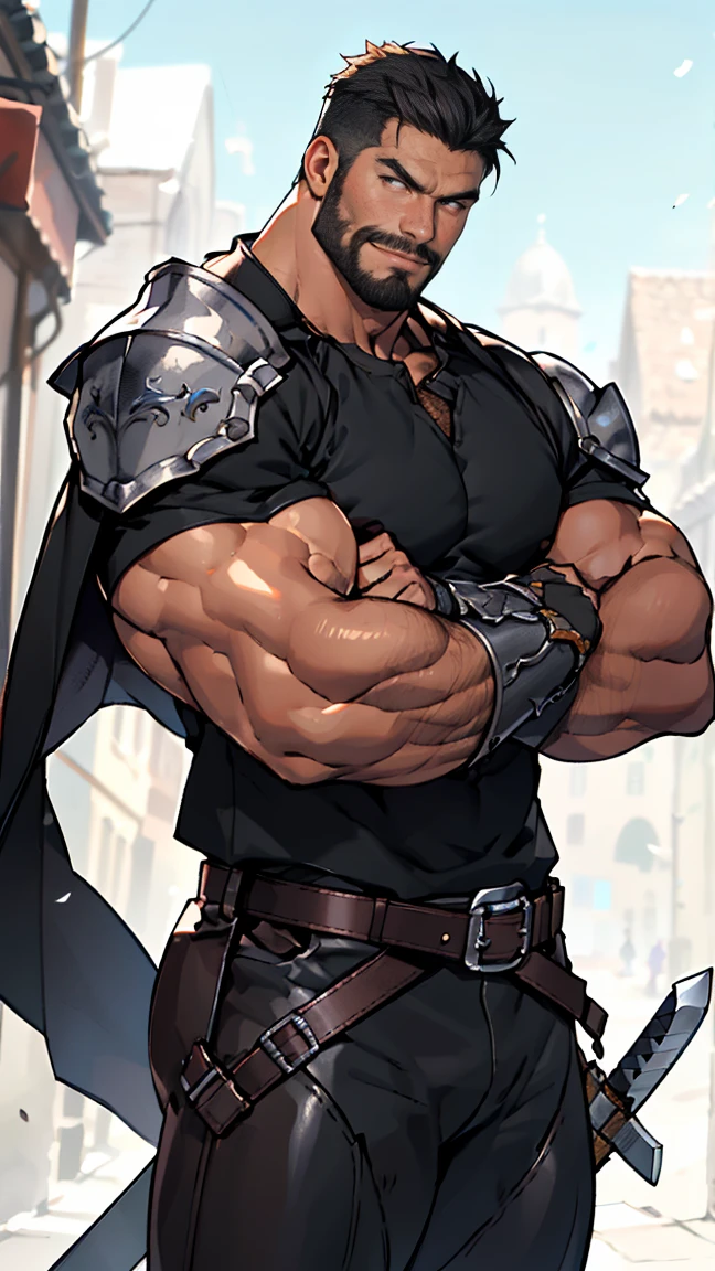 of a real，Facial features are carefully depicted，Realistic skin texture，中景 the scene is，Barbarian bearded uncle，Wearing heavy steel armor，Two-handed greatsword，（male people：1.4），(There is a scar on the face:1.5)，Strong limbs，（A half body：1.4），Short-cut hair of maroon color，Dark style，depth of fields，high light，Real light，Ray traching，oc rendered，Hyper-realistic，best qualtiy，8K，Works of masters，super-fine，Detailed pubic hair，Correct anatomy，sharp focus on eyes，Bokeh，Facial features are carefully depicted