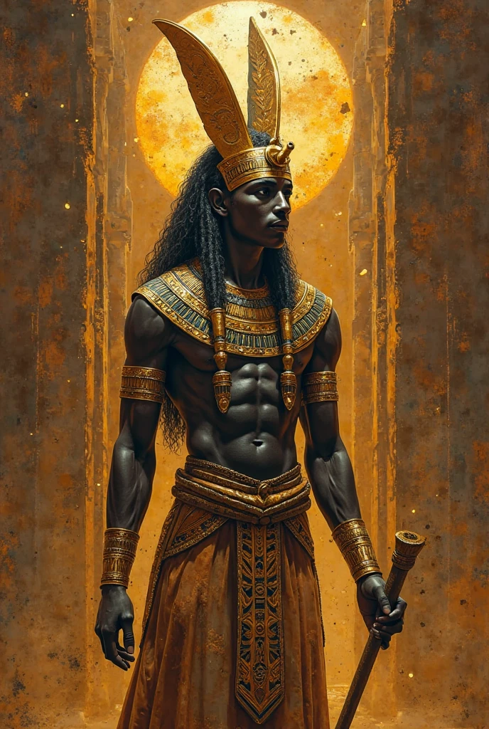 "Modelshoot style, (8k ultra-detailed CG wallpaper), envision a cartoonish portrayal of Ogum, the Yoruba deity of war and iron. His deep-hued skin glows against traditional pan-African armor, echoing the rich tapestry of the continent's diverse cultures. His fierce yet kind eyes reflect his dual nature as both protector and warrior. He brandishes a flame-kissed sword, a testament to his might, and in his other hand, he upholds a shield adorned with Yoruba and Kemetic symbols. Set against a backdrop that celebrates Africa's vast landscapes, with the Great Sphinx and pyramids subtly silhouetted in the horizon, the art should be a harmonious blend of the continent's vast history and the powerful legacy of Kemet."