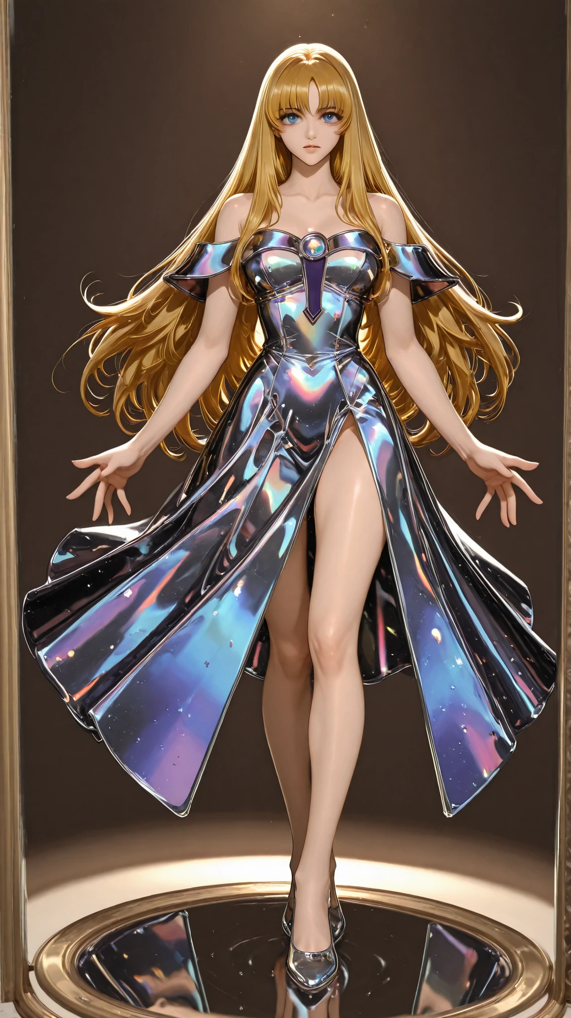 Spectral glow: 1.3), dark magic girls .
(masterpiece, Top quality, wallpaper 8k, detalles intrincados, reflections),
(soft lighting, Study shot, simple background, full body angle, anatomically perfect hand, five fingers, beautiful),
(a full body girl, alone, long hair, blond hair, blue eyes, pecho mediano),
(With glass dress and shoes, prismatic dress, Very detailed, bare shoulders, dress bathed in light, prismatic iridescent glitter, spectral lights. dark magic girls . sexy pose. pose sexy. full body shot