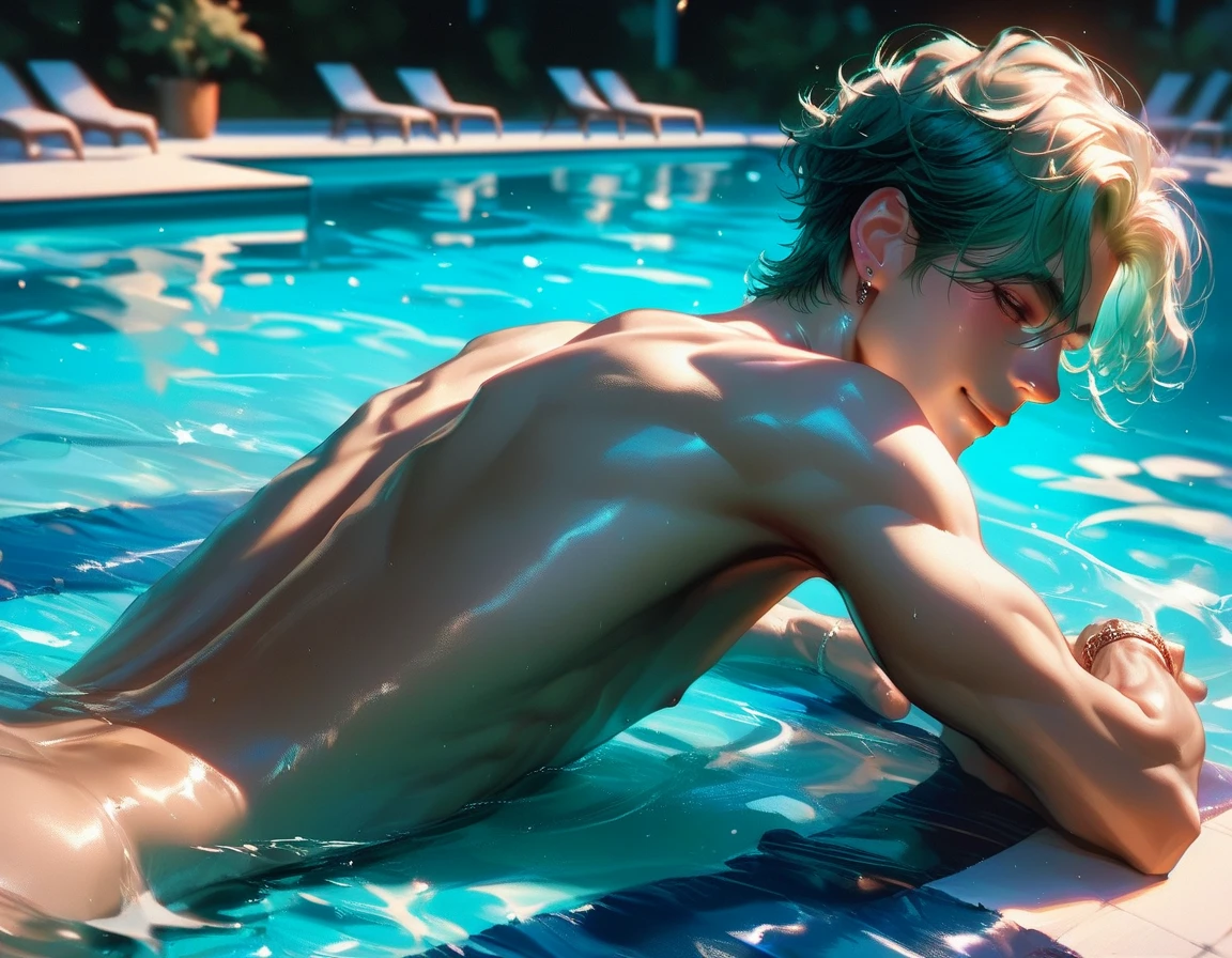 Butters Stotch lying inside Pool at Hotel, Style of Hellper