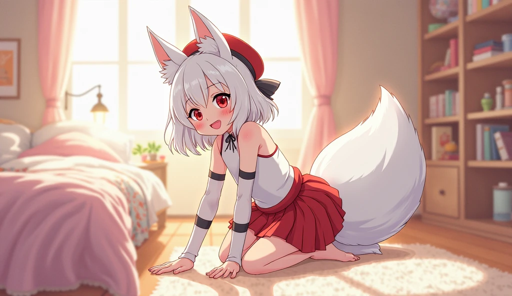 uploaded on e621, ((by Vu06,by Silverfox5213)),NSFW,(drooping breasts),(moon night),SFW,
(4fingers:1.5, 4toes:1.5),pretty face,Agree to sex,Furrycore,(Thick eyebrows:1.2)
young girl (white furry fox) with ((whitebody fur)) and ((white chest)) and ((silver fluffy bob hair)) and [clear eyes] and (long Silky tail) ,
 wear((red  shirt , half open shirt,Dog Collars,blue denim short skirt)),
((small breasts)), (detailed Siiky fur),
(half-length portrait, three-quarter view ),
BREAK,
(cute sitting in door bedroom,Lie on your back in king size bed., on the bed with 1alcohol lamp,Round shaped glass window),
(detailed background, depth of field, half body shadow, soft moon light, soft lighting on the body),
(intricate:1), (high detail:1.3), (unreal engine:1.2), (soft focus:1.15),
[explicit content, questionable content], (masterpiece, best quality, 4k, 2k, shaded, absurd res)
,<lora:tareme:0.3> ,<lora:FurryCoreV2New-07:0.2>,
