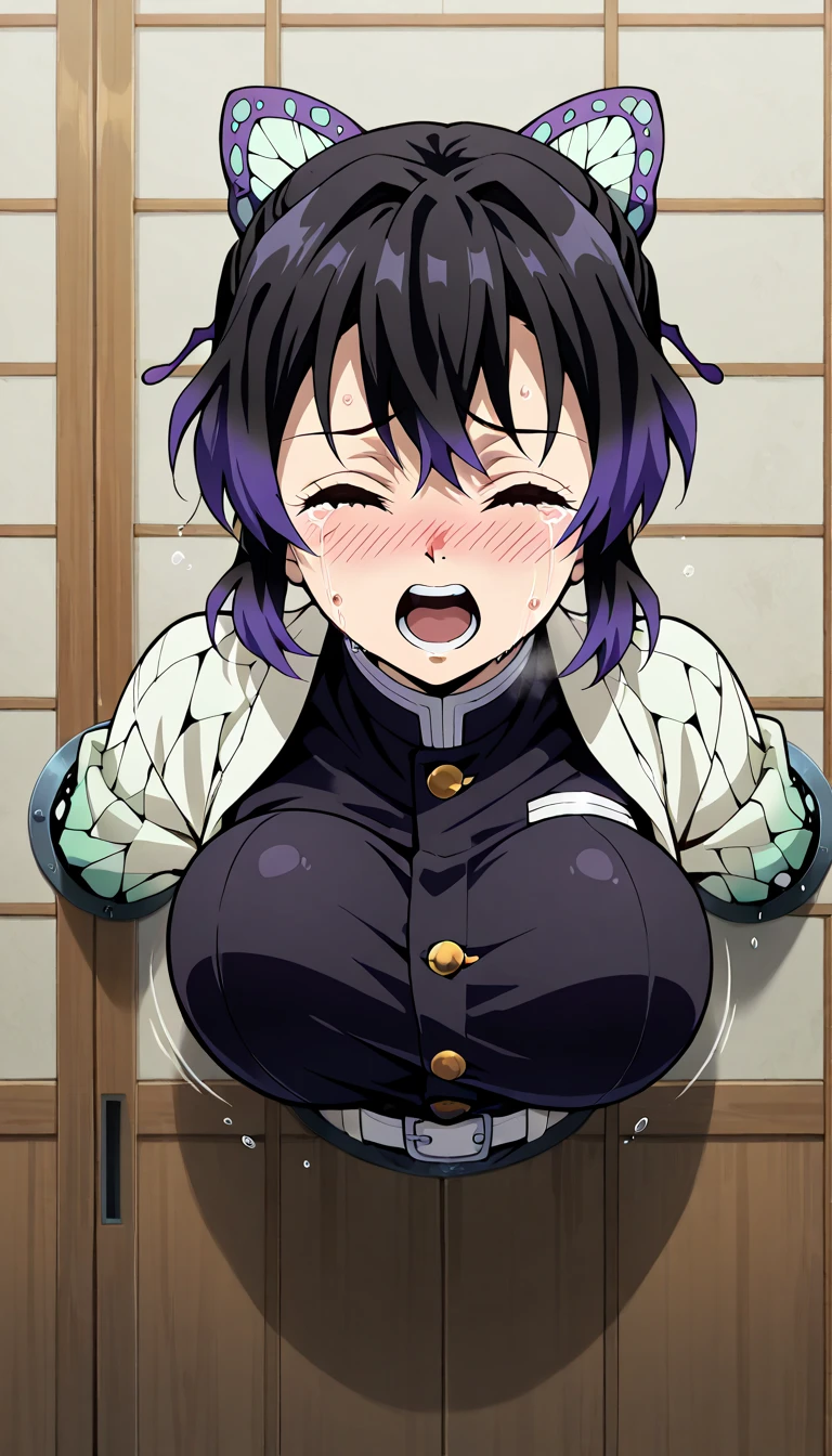 nsfw,1 male,Sweat,White Breath,Demon slayer,Shinobu Kocho,(Cleavage voyeur),sit,room,((Big Breasts)),View from above,Titty fuck,((((Cum on my chest)))),Angry expression,Bukkake