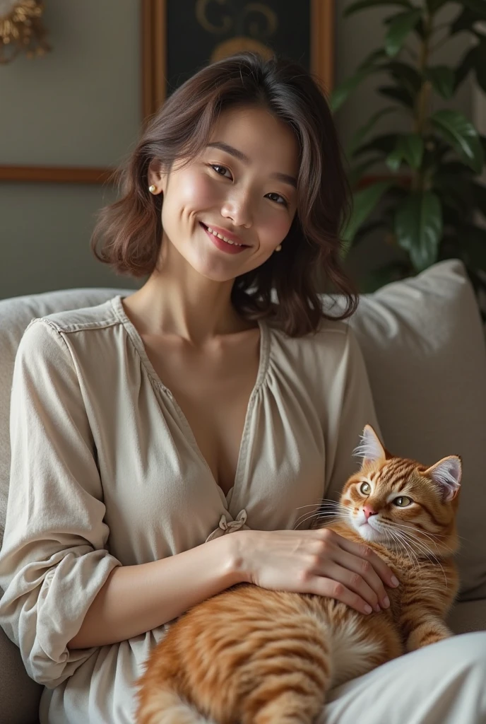 girl, wavy hair, big eyes, white oversize sweatshirt, hug orange cat, (smile:1.3), (photorealistic:1.2), (ultra realistic:1.3), (very detailed:1.1), ((masterpiece)),