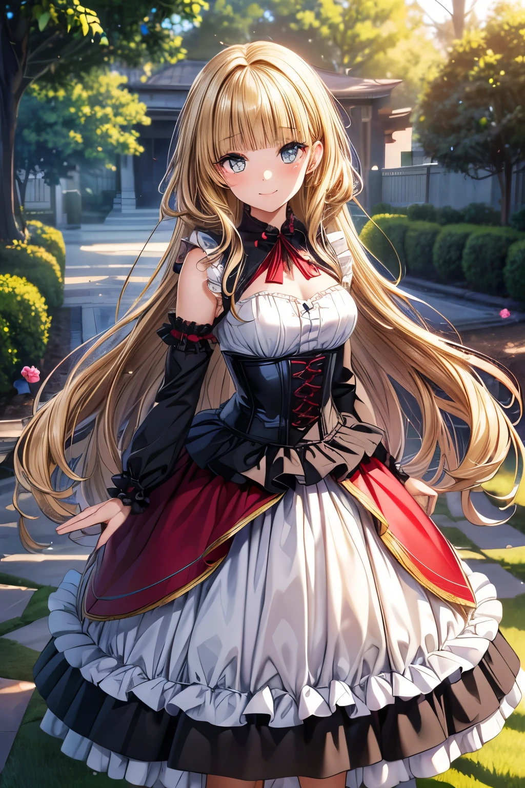 Highly detailed, high quality, masterpiece, beautiful, (all photographic shot), girl student girl, Kotori Minami character, perfect eyes, pretty eyes, clear eyes, blushing face, happy face, big thighs, with headband, medium chest, long hair, sexy, short skirt, shows full panties, background image in a garden