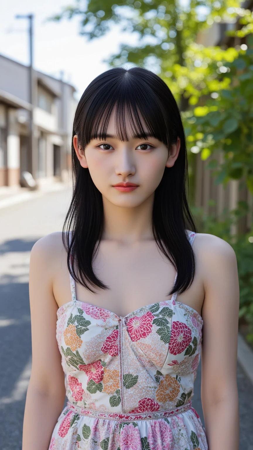 best quality, detailed, beautiful, insanely detailed, absurdres,perfect anatomy,
Japanese woman,black hair,27 years old,
(slender),
(small breasts),
grumpy, frowning, (arms crossed), standing, looking down, flipped hair, (striped dress:1.2), in the park, front view