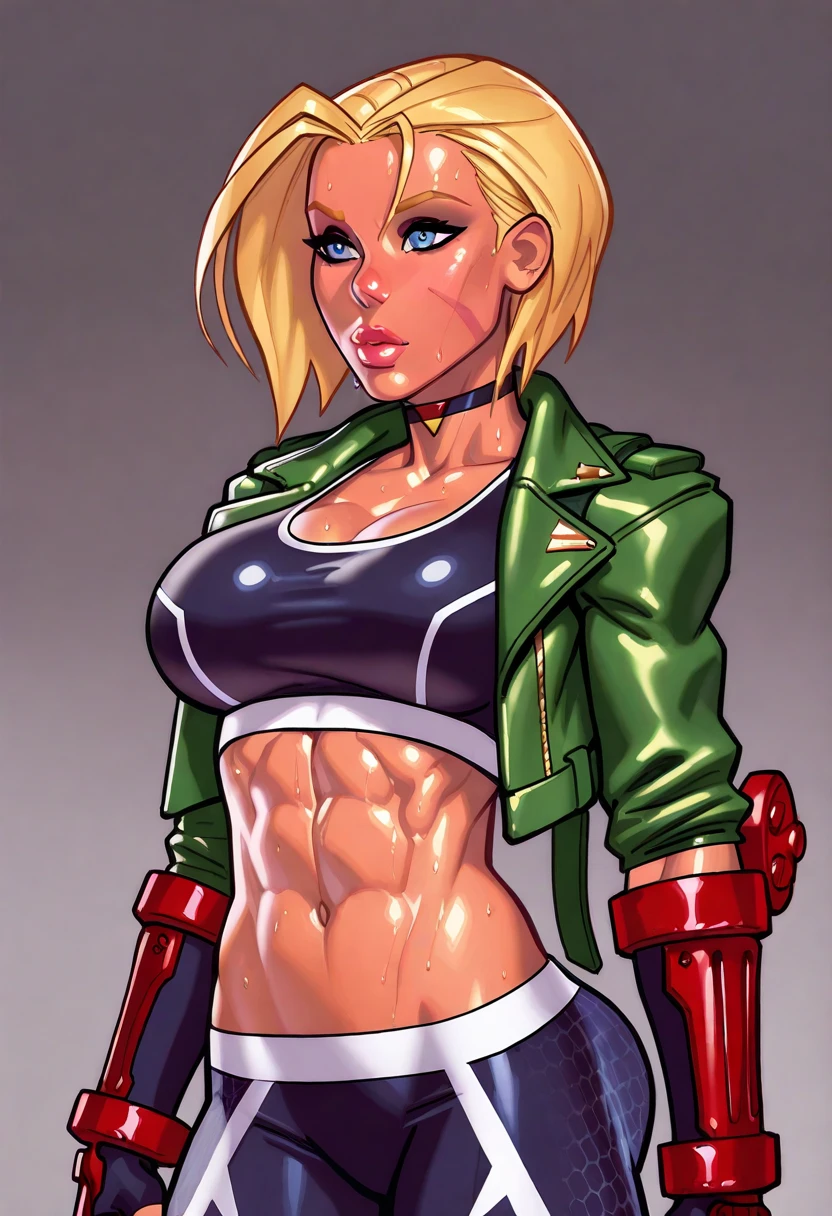 sxy5tyle, best quality, amazing quality, very aesthetic, absurdres,
qtori,
cammy white, 1girl, abs, blonde hair, blue eyes, short hair, 
fingerless gloves, cropped jacket, midriff, navel, scar on face, solo, sports bra, sweat, toned, 
grey background, gradient background,  