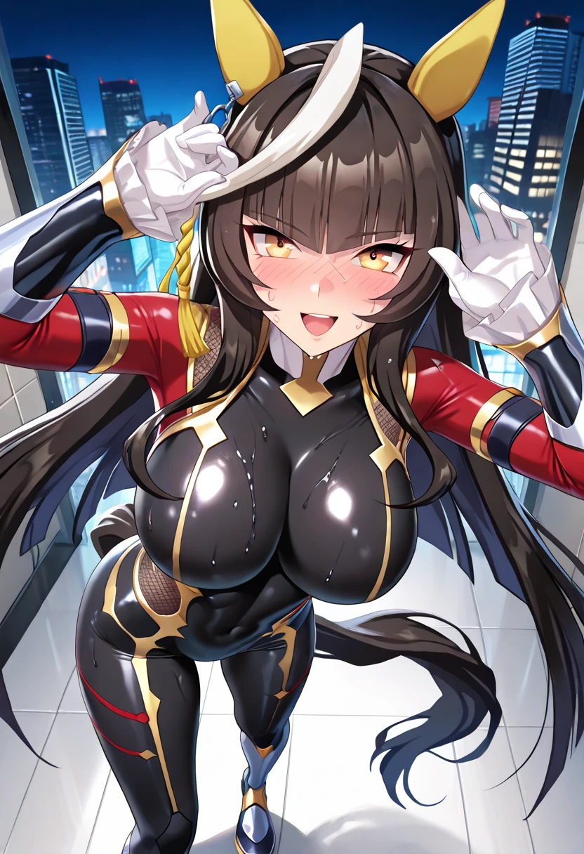 Annerose, 1girl, female mature, black hair, long hair, yellow eyes, large breasts, bodysuit, higheels, shiny clothes, skin tight, hair intakes, covered breasts, (exquisite character details, beautiful lips, beautiful yellow eyes, beautiful face, beautiful bodysuit), extremely detail unity 8k wallpaper