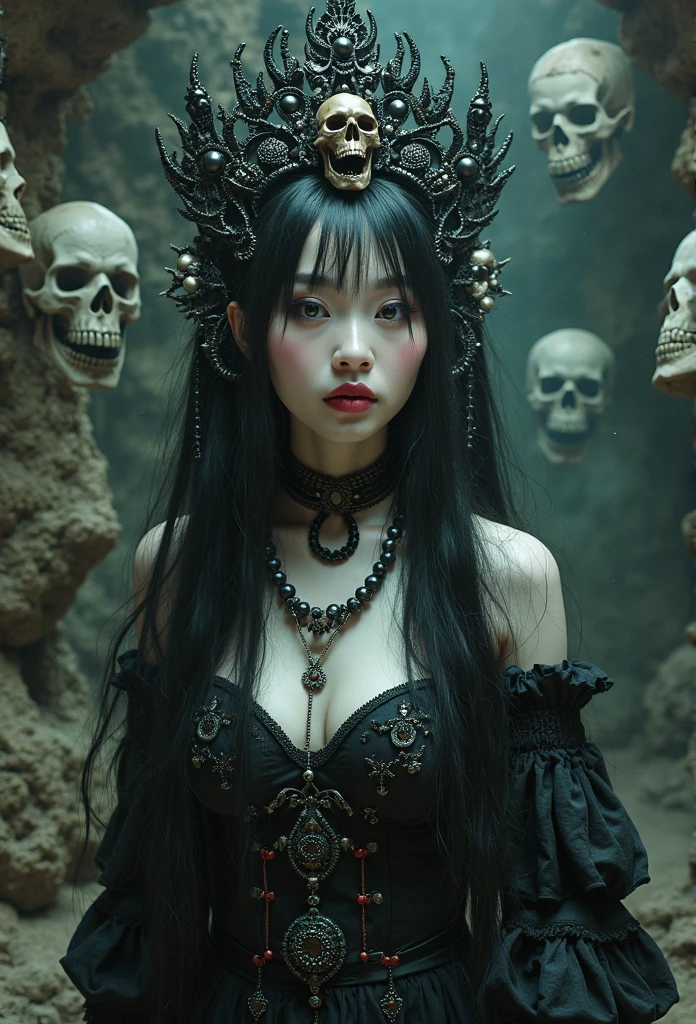 A cinematic-style fullbody realisticphoto of a beautiful young lady ,with a charming smile,in long hairstyle,black and white, sexy,on pile of skulls in White Viscous liquid, at Luxurious cave palace with Hanging skeletons on webs,yaoye,anatomical correct:2,