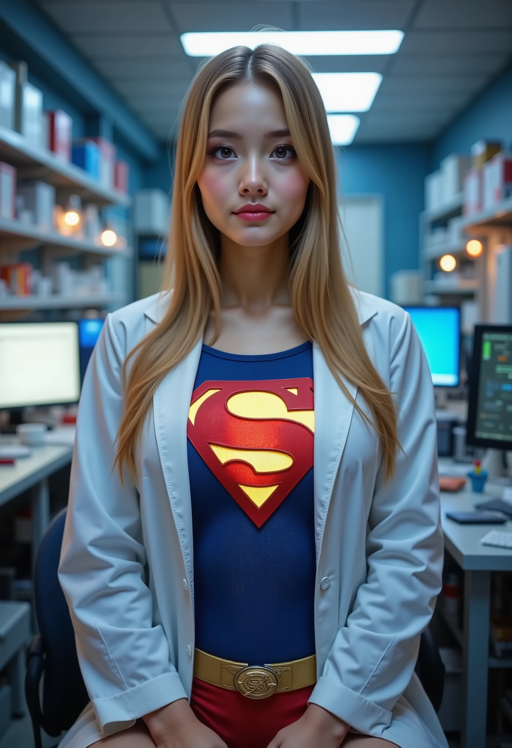 photo realistic (LEFT SIDE IMAGE 1: The Accident AND The Birth of Supergirl) Inside a high-tech, top-secret laboratory, a brilliant but socially awkward young scientist works tirelessly into the night, her blonde hair in a messy bun, glasses slipping down her nose as she leans over her cluttered workstation. The glow of neon monitors reflects off her light pale blue eyes, filled with intense curiosity and exhaustion. She wears a pristine white lab coat over a form-fitting blue bodysuit, the edges of a mysterious red cape barely visible beneath it. A glass vial filled with a luminescent golden serum rests in her shaky hands. Meant to be tested on lab rats, she absentmindedly brushes a strand of hair away, unaware that the vial is tipping toward her lips. Before she can react—she accidentally drinks the entire serum. Her eyes widen in shock as her body tenses, veins illuminating with pulsing golden energy. The room blurs. Every cell in her body ignites. (RIGHT SIDE IMAGE 2: The Metamorphosis) Her legs buckle, forcing her to lean against the lab desk for support. A searing wave of pure energy surges through her veins, causing her Supergirl costume to stretch and tighten across her body. Her once-slender arms swell with newfound strength, fabric pulling taut against biceps that weren’t there before. Her hips widen, thighs thickening into sculpted perfection as she feeling her bones stretch and shift. Her huge thick breast press against the straining fabric, the familiar “S” emblem on her chest now fully formed, glowing with unstoppable power. She gasps, gripping the desk as her muscles pulse, tightening with supernatural density. Her hair unravels from its bun, cascading in golden waves down her back, shining like spun sunlight. Her glasses slip off, falling forgotten to the floor as her once-nerdy, fragile features sharpen into a breathtaking supergirl of strength and beauty. she is now supergirl.
