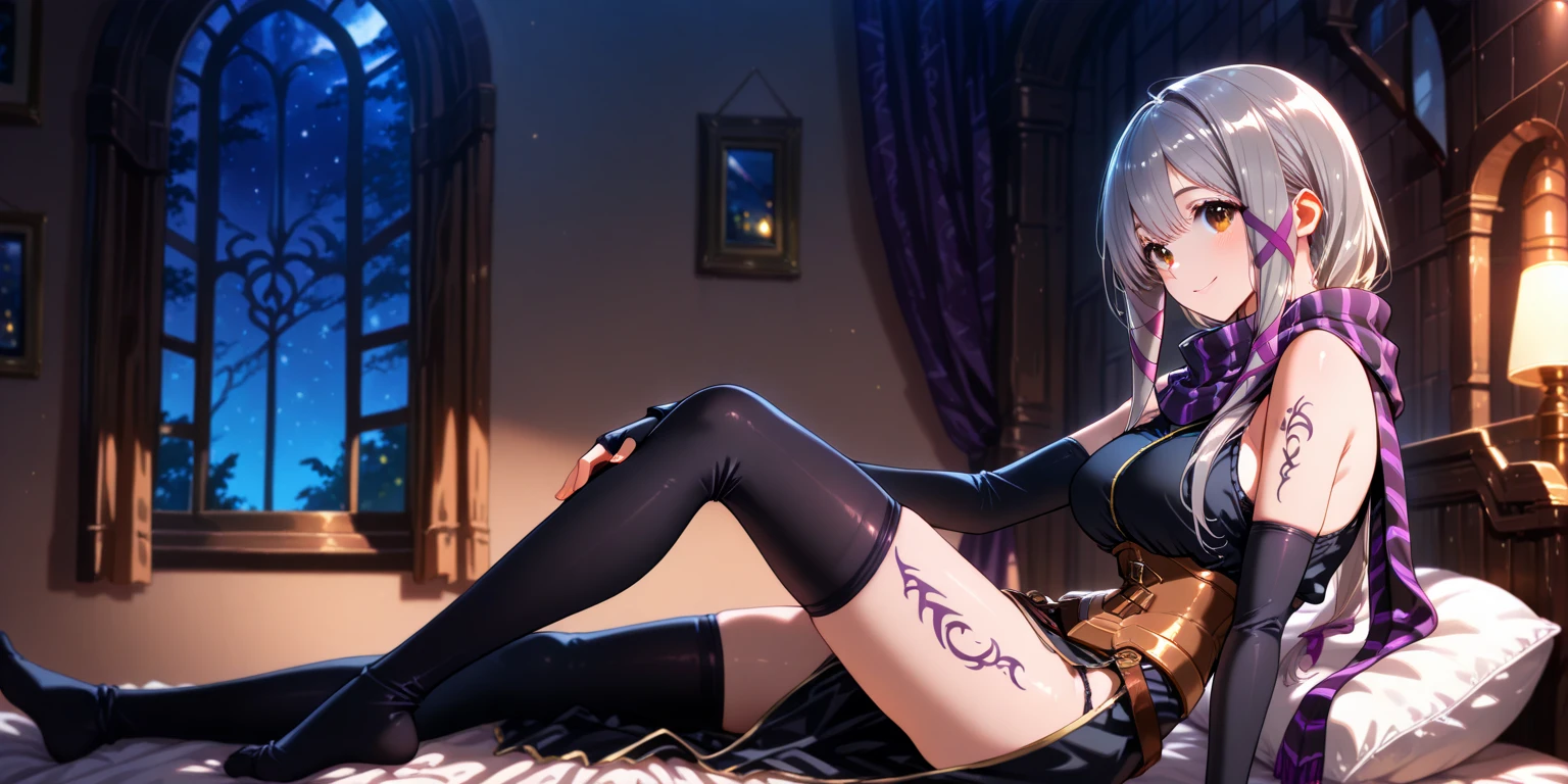 gothic warrioress queen in dark aqua blue kimono robe and midi skirt, satin, fur, (stockings), decollete, natural breasts, 1girl, slim body, zettai ryouiki, medium length hair, beautiful detailed golden eyes, laying on bed, portrait, most realistic, highest quality, best pixels, 8k ultra