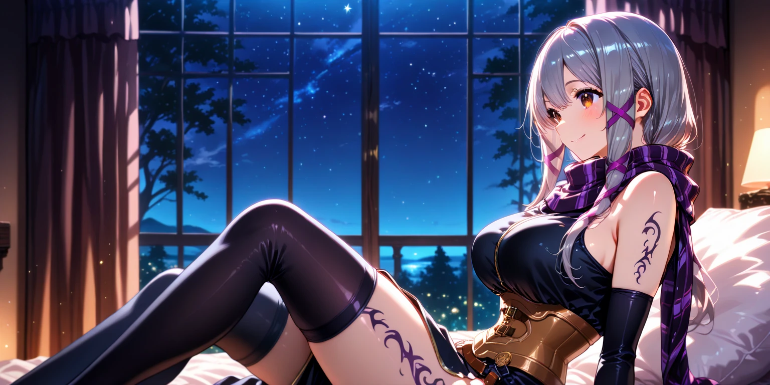 Highest quality, masterpiece, figure, wallpaper,One girl, Beautiful detailed girl, Highly detailed eyes and face, Beautiful attention to detail, Shine, View your viewers, Blue Eyes, Side Up,Beautiful silver hair, Thighs, ,crisp finger, clear background, deep night、Big earrings、bracelet、garter belt,Street,kimono,Autumn,Underexposed eyes