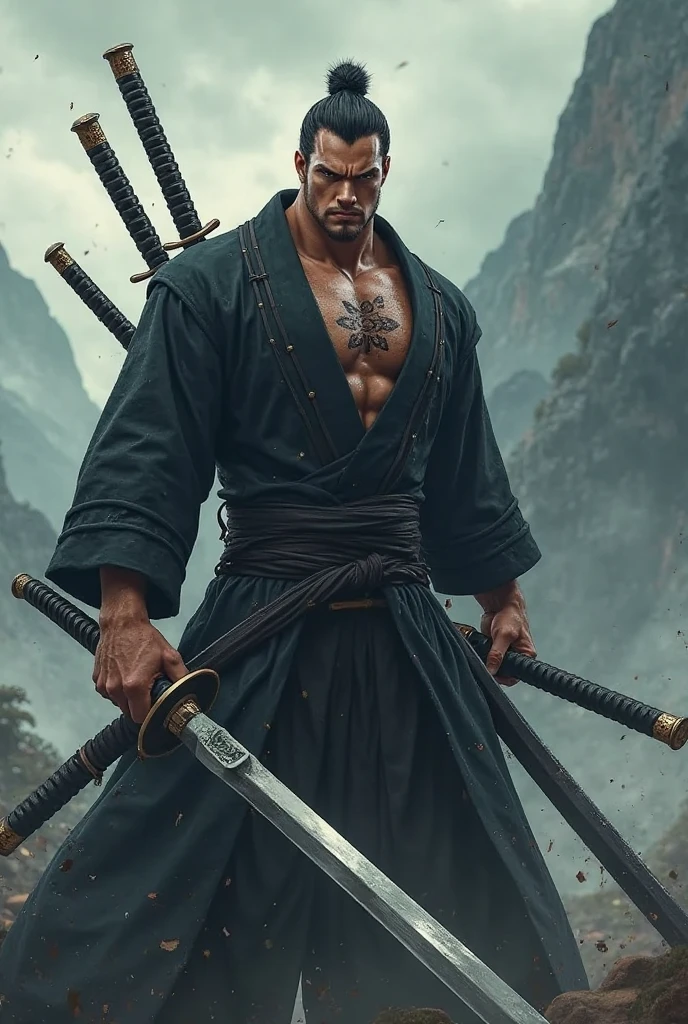 (best quality,ultra-detailed,photorealistic:1.37),portraits,blue kimono,muscular slim athletic physique,red eyes,black sandals,scarred,man,swords sheathed on hip,closed chest,messy black hair,string muscles,confident expression,determined gaze,body tattoos,dark background,sharp focus,light shining on the character, black headband, vagabond, samurai, ninja esque, ronin
