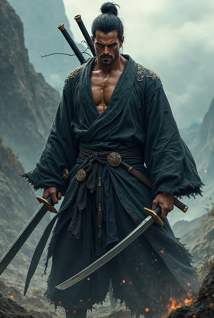 best quality，Ultra-fine，warrior samurai in water ，Air，One hand holding a katana，Face mask，fighting，Dodge，avoid，lifelike，photorealism：1.37），bright colors，clear focus，Defocused，（fantasy：1.2），（mystical landscapes），（dynamic poses：1.37），（intense gaze），（Extraordinary power），（the power of myth），black ，rainy day，Wounds on the body，splash, (clothes, pants and shoes like a futuristic samurai), mature male, /(long black hair tied up/) bangs, cool expression, (serious look:0.5), dignified, (masterpiece best quality:1.2) delicate illustration ultra-detailed, Air，One hand holding a katana，Face mask，fighting，Dodge，avoid，lifelike，photorealism：1.37），bright colors，clear focus，Defocused，（fantasy：1.2），（mystical landscapes），（dynamic poses：1.37），（intense gaze），（Extraordinary power），（the power of myth）