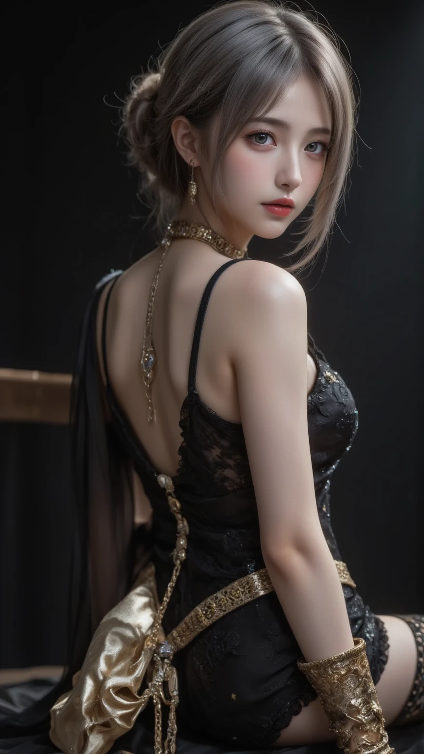8k、Enchanting girl, Very detailed,Audrey Hepburn, Exquisite decorative details 、 Very intricate details 、 Realistic Light, sideboob、Put your hands behind your back,iridescence,bikini under clothes,Sitting