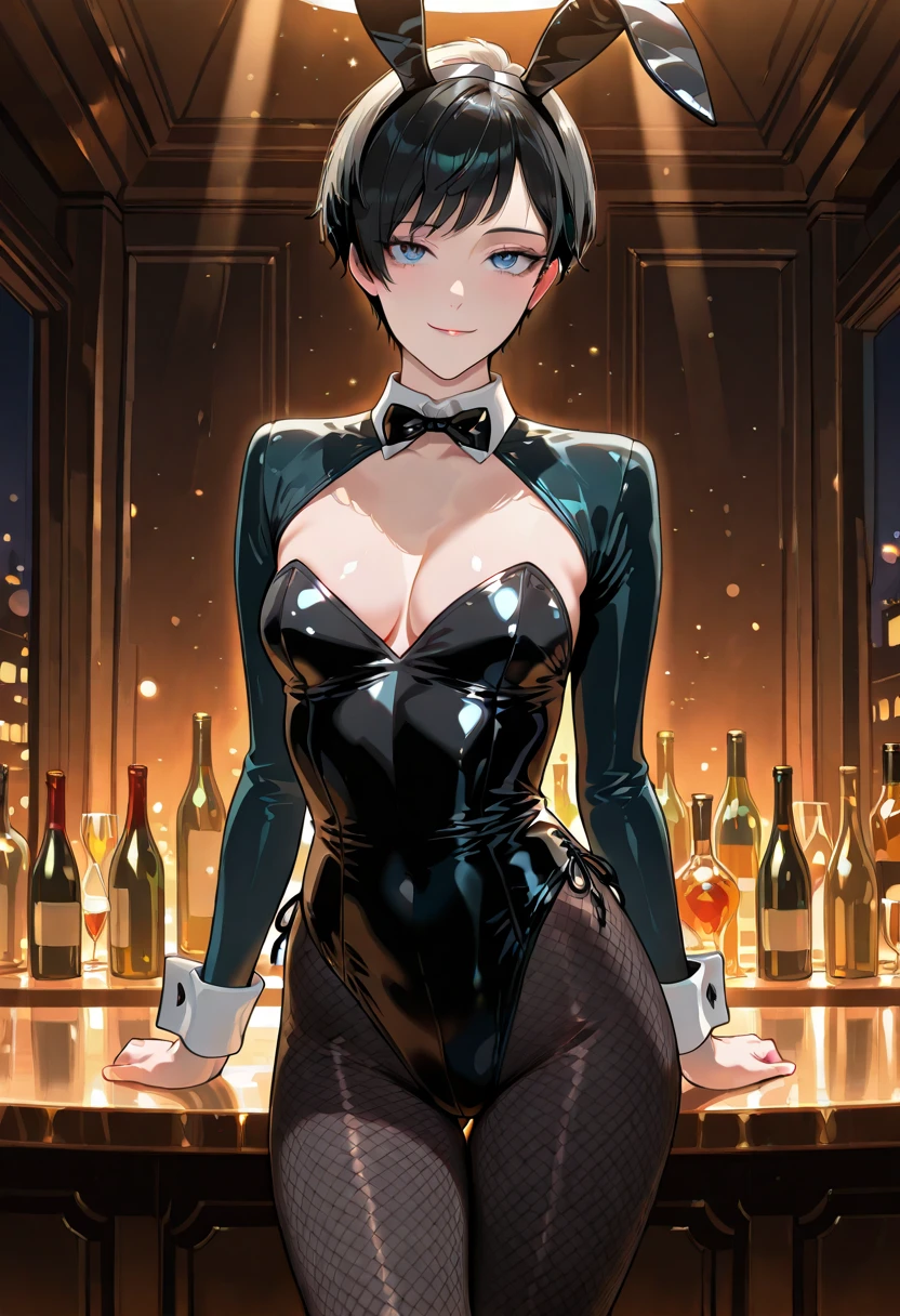 ((((masterpiece, best quality, high resolution)))), Extremely detailed 8K, Beautiful girl with slender body, (Ultra HD, Ultra-detailed, Highly detailed, Highly realistic, Ultra-realistic, photograph realistic), (1girl:1.5), (Realistic white hair), short wavy hair, bob cut, (dynamic poses), facing at camera, light smile, purple eyes, average breasts, cleavage, blush, glow, (beautiful detailed face, beautiful detailed eyes), (black Playboy bunny suit, highleg leotard, thighhighs, pantyhose, rabbit ears), tray, champagne, cowboy shot, cinematic lighting, (sunbeam, sunlight)