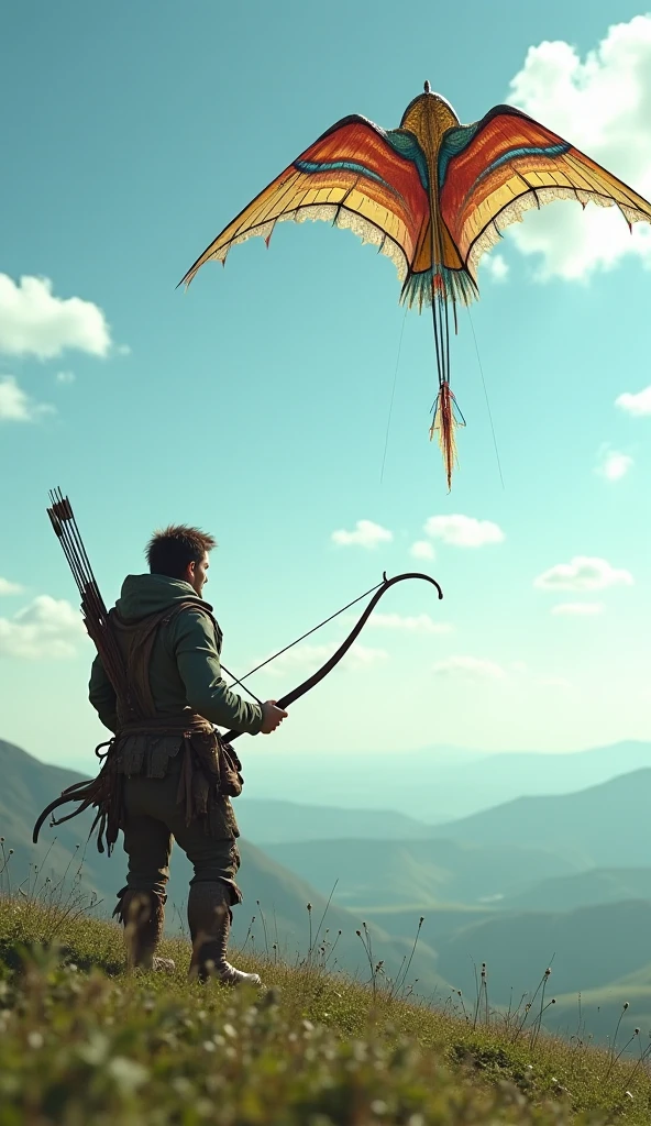 "A young adventurer without a chapel, with a backpack on his back that exudes courage and determination is holding a bow and arrow within the letter O. #Fotorealismo #MelhorQualidade #DetalhesUltrarrealistas #IluminaçãoRealista."