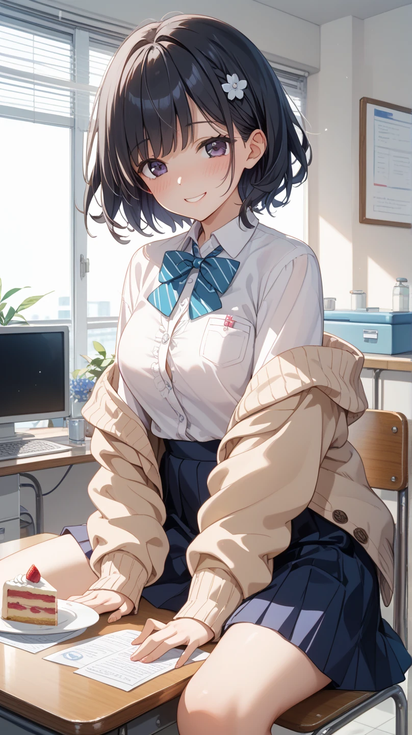 upper body,(from below:1.5),1girl, ayane,glasses,(blue blazer,Open clothes), sweater vest,white shirt,necktie,pleated skirt, halo,class room, striped panties,camelot,blush,masterpiece,Noise Reduction,perfect anatomy,high resolution, ultra-detailed,game cg,dutch angle ,beautiful detailed eyes,visualart,five fingers, perfect hands, perfect lighting,