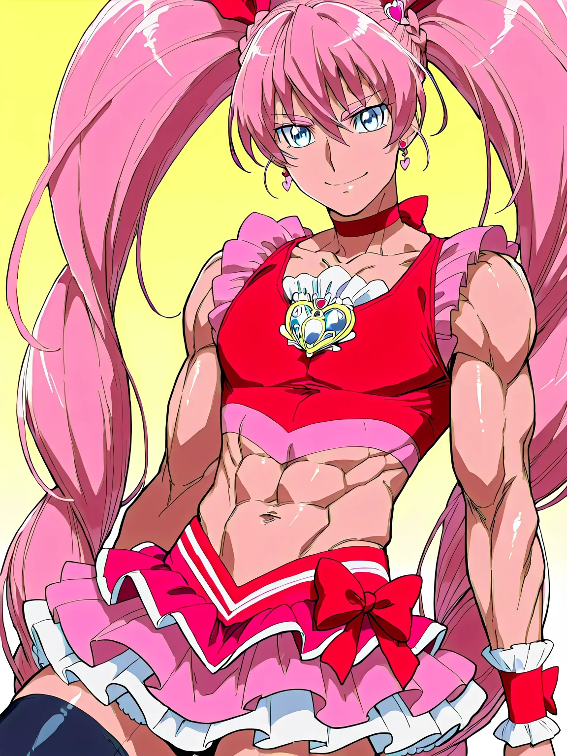score 9 、score 8 up、score 7 up、source anime、傑作、最高品質、高解像度、anime coloring、1boy、(male:1.5)、cure melody、man is wearing a crop top dress、pink hair、high twintail hair、very long hair、blue eyes、髪の毛を通して見える眉毛、前髪、睫毛、光沢のある髪、head リボン、heart イヤリング、hair ornament、ゾディアックボーイの騎士、きらめく魔法少年、ロイヤルエレガントポーズ、anime man is wearing a pink and red crop top dress、へそ出し衣装を着たアニメの男性、wrist cuffs、jewelry、red neckwear、赤いチョーカー、heart ブローチ、black legwear、black thigh high socks、red footwear、knee socks、red high heels、pink and red dress、pink and red crop top、frilled dress、frilled crop top、frilled sleeves、strong muscles、pink and red mini skirt、frilled skirt、layered skirt、white miniskirt、black panty、white mini skirt under the pink and red mini skirt、red skirt bow、black  under the white mini skirt、muscular and strong、アニメスタイル、perfect outfit、美しい魅力的なアニメの10代、beefcake standing、彼の周りの魔法のオーラ、toned body、男性的で筋肉質、(manly:1.eductive anime male、 slender body、ゾディアックボーイの肖像騎士、male focus、looking at viewer、looking at viewer、solo focus、cowboy shot、bare thighs、brave beautiful、brave sexy、bare shoulders、bare arms、collarbone、navel、abs、midriff、covered pectoralis major、stomach、covered trapezius、biceps、biceps long head、biceps short head、triceps、triceps medial head、triceps lateral head、triceps long head、brachioradialis、deltoids、anterior deltoids、middle deltoids、posterior deltoid、thigh muscles、semitendinosus muscles、covered hamstrings、covered adductor magnus muscles、brave smile、sexy smile、muscular man、(male body:1.5)、cure melody outfit、beefcake style、 (male face:1.5)、pink background、bulge large  under the 、